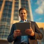 Real estate appraiser reviewing a tablet on-site at a Texas commercial building