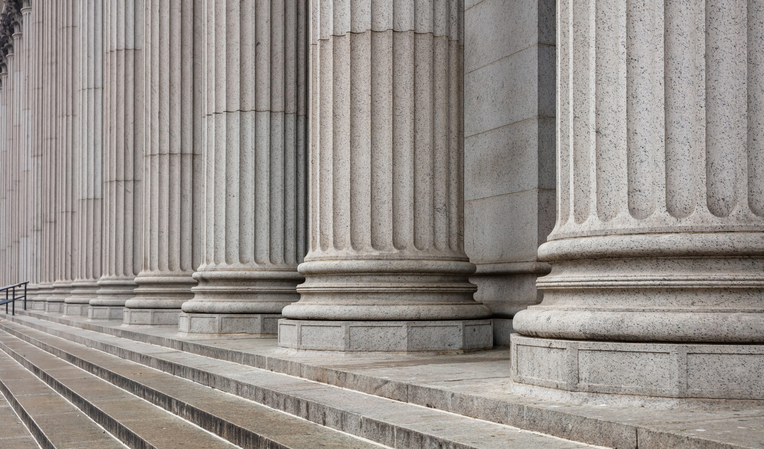 Stone Pillars Row And Stairs Detail. Classical Building Facade